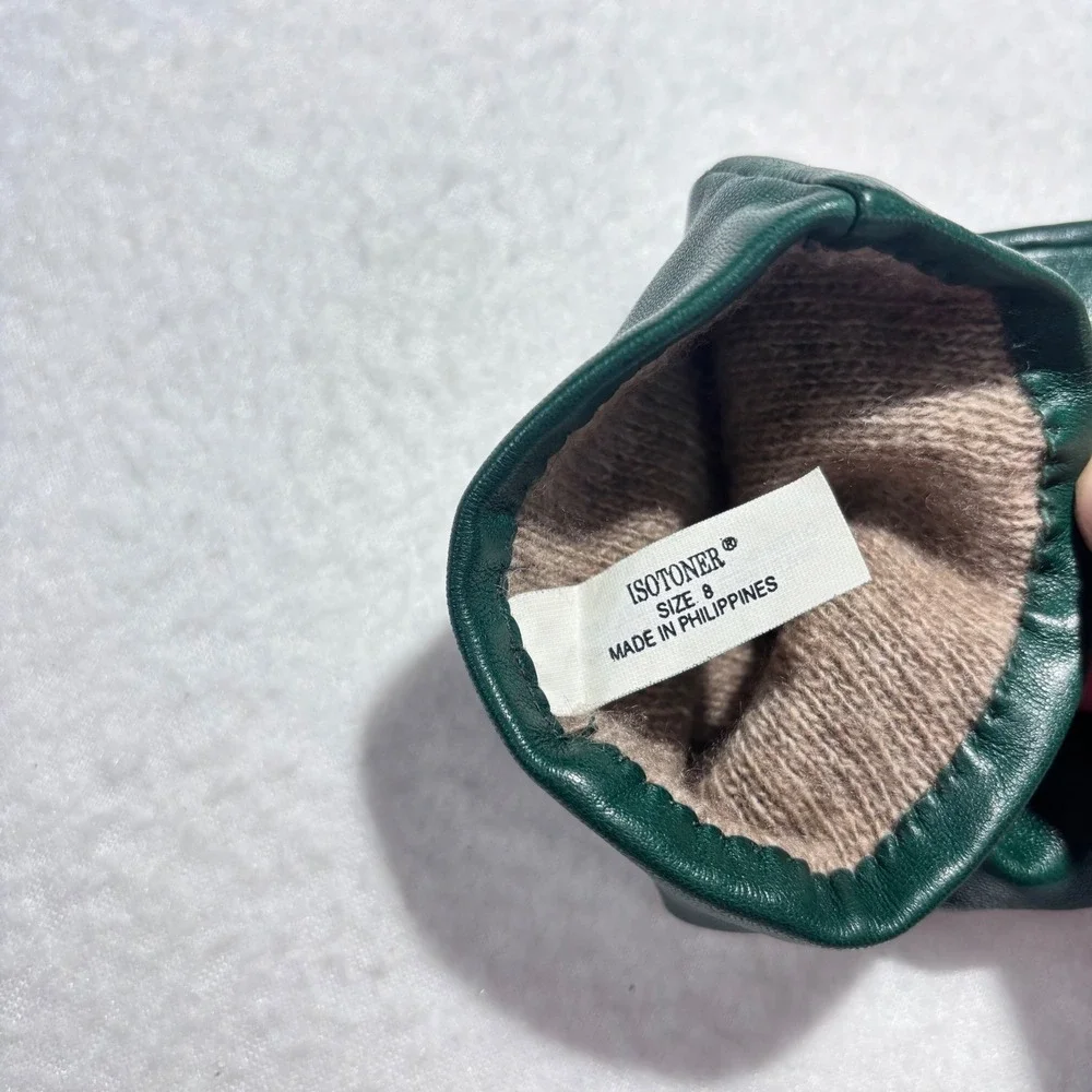 VTG Isotoner Gloves Green Leather Cashmere Winter Luxury Women Sz 8 Medium Large - Picture 5 of 8